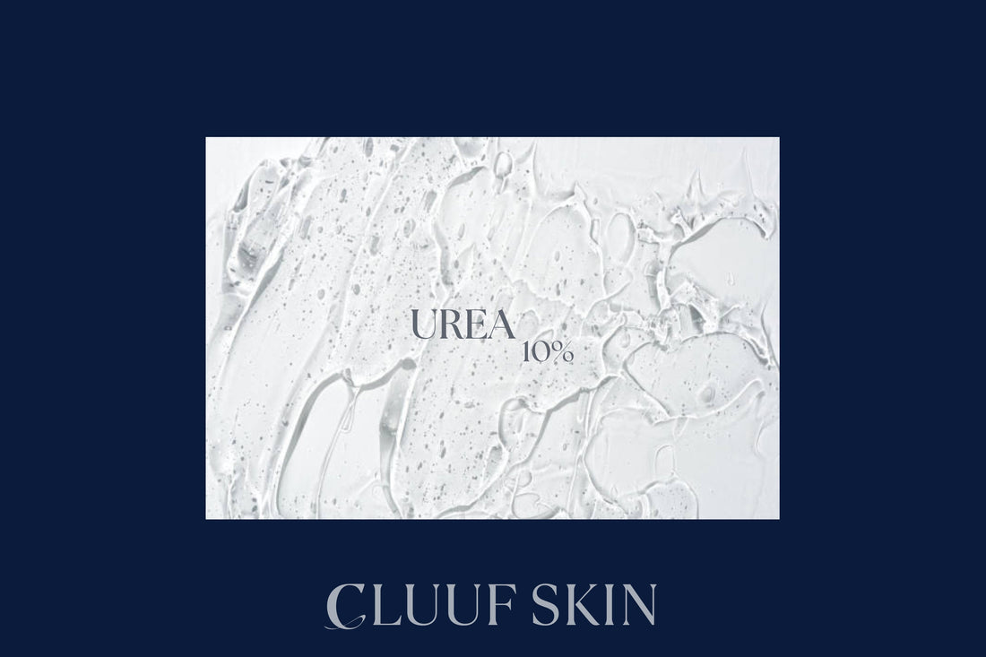 Close-up texture of white serum smear labeled Urea 10%, CLUUF Skin ingredient spotlight