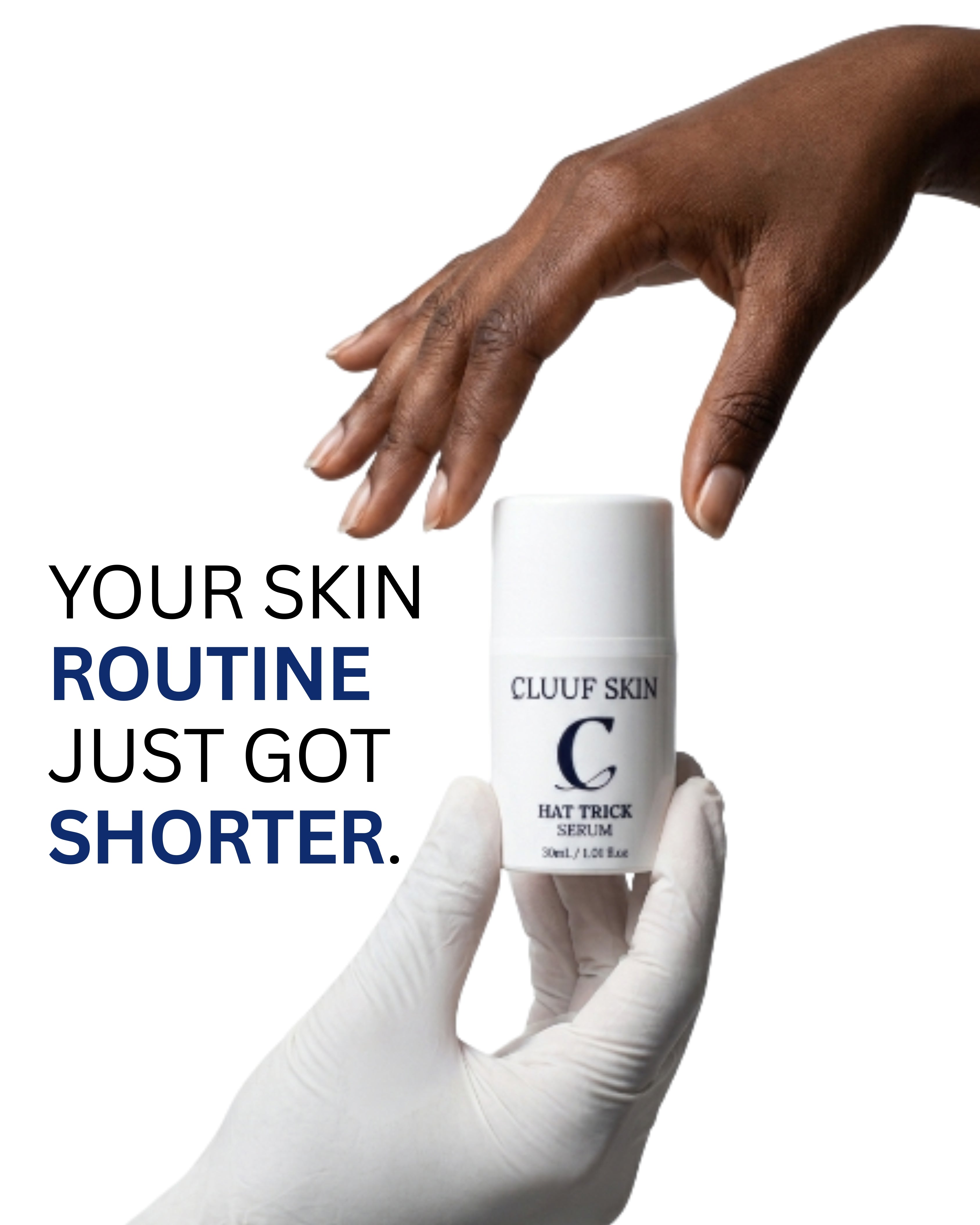 Hand reaching for CLUUF Skin's Hat Trick Serum, Nigeria's fake-proof, blockchain-verified skincare